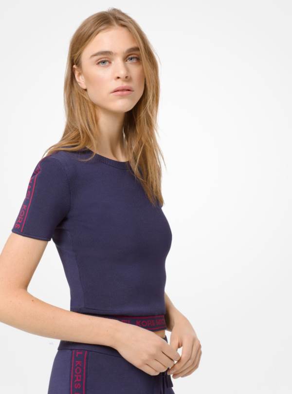 Damske Tricko Michael Kors Logo Tape Stretch-Viscose Cropped Námornícka Modrá Tmavo Červené - Oblecenie Michael Kors Slevy | WRUQV-9760